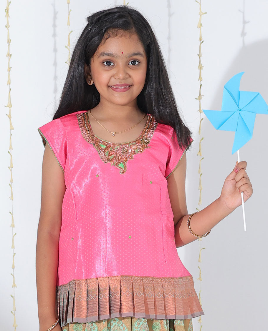 Green jacquard readymade art silk pavadai with traditional design zari border & contrast embroidery sleeveless blouse