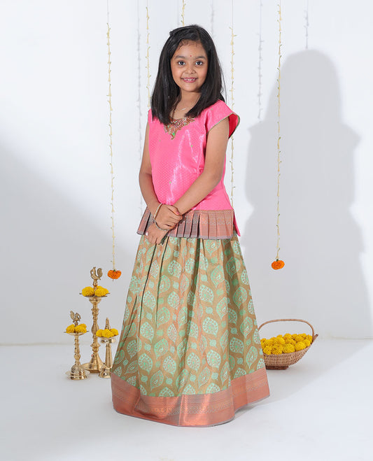 Green jacquard readymade art silk pavadai with traditional design zari border & contrast embroidery sleeveless blouse