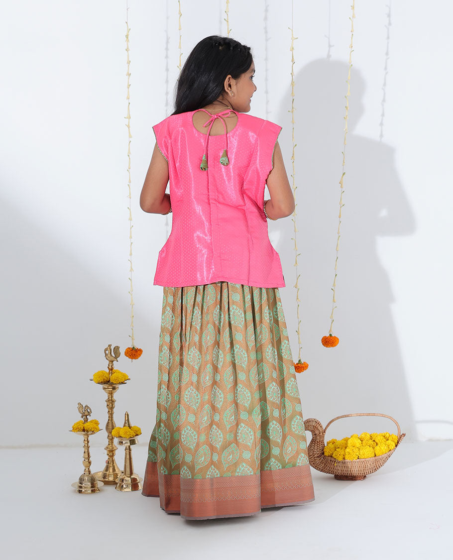 Green jacquard readymade art silk pavadai with traditional design zari border & contrast embroidery sleeveless blouse