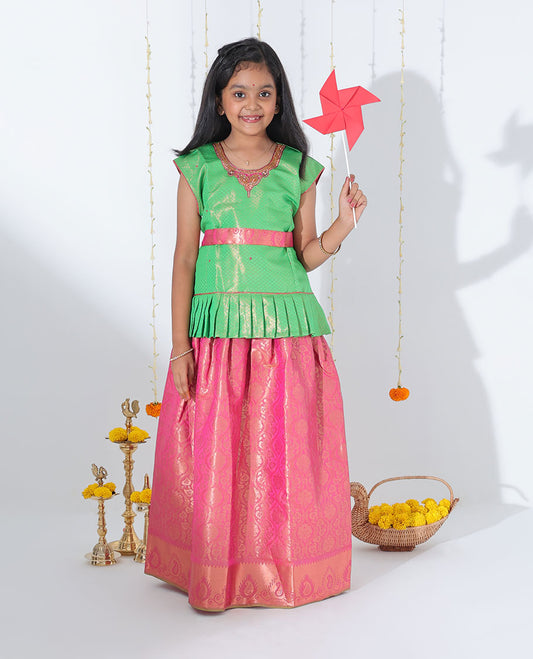 Pink jacquard readymade art silk pavadai with traditional zari design border & contrast embroidery sleeveless blouse