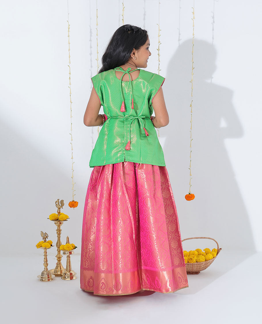 Pink jacquard readymade art silk pavadai with traditional zari design border & contrast embroidery sleeveless blouse