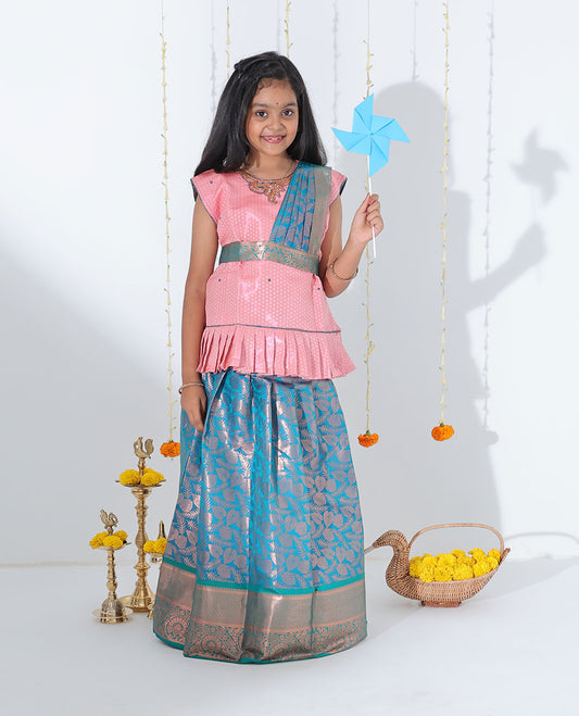 Blue jacquard readymade art silk pavadai with contrast traditional zari design border & embroidery sleeveless blouse