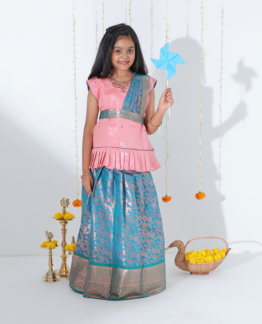 Blue jacquard readymade art silk pavadai with contrast traditional zari design border & embroidery sleeveless blouse