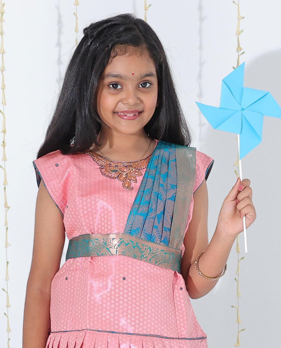 Blue jacquard readymade art silk pavadai with contrast traditional zari design border & embroidery sleeveless blouse