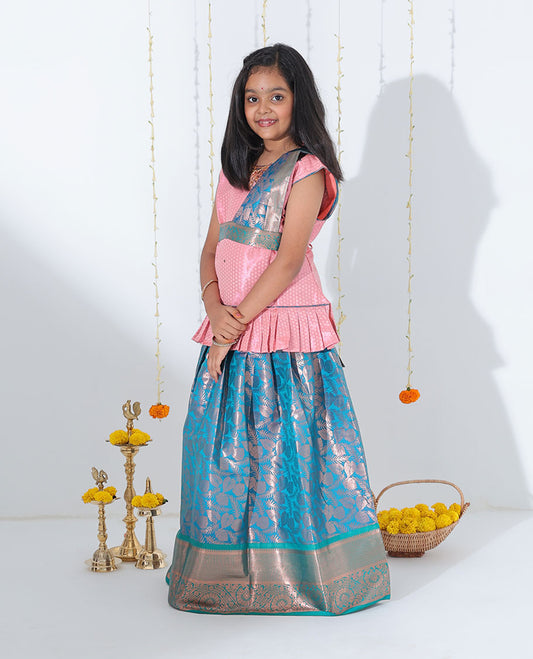 Blue jacquard readymade art silk pavadai with contrast traditional zari design border & embroidery sleeveless blouse