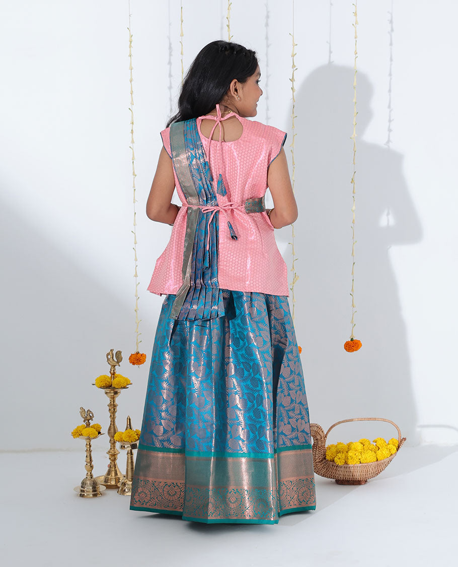Blue jacquard readymade art silk pavadai with contrast traditional zari design border & embroidery sleeveless blouse