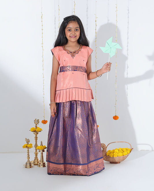 Blue jacquard readymade art silk pavadai with contrast ogee patterned zari border & embroidery sleeveless blouse