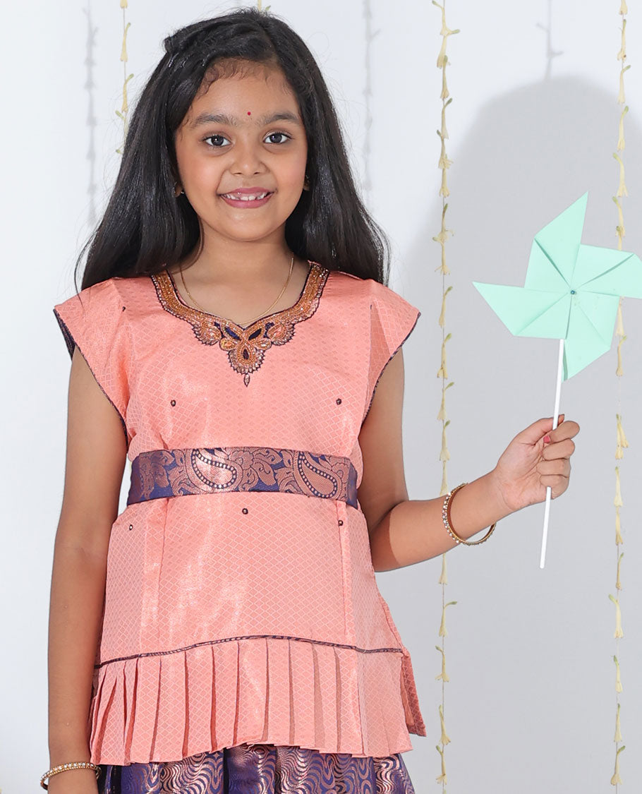 Blue jacquard readymade art silk pavadai with contrast ogee patterned zari border & embroidery sleeveless blouse