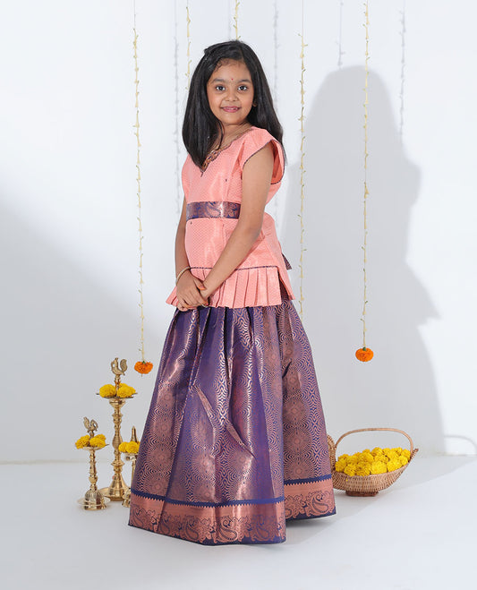 Blue jacquard readymade art silk pavadai with contrast ogee patterned zari border & embroidery sleeveless blouse