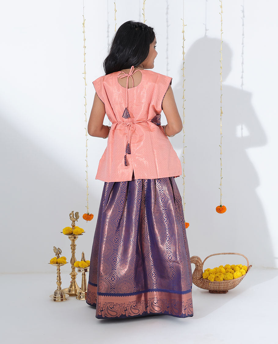 Blue jacquard readymade art silk pavadai with contrast ogee patterned zari border & embroidery sleeveless blouse