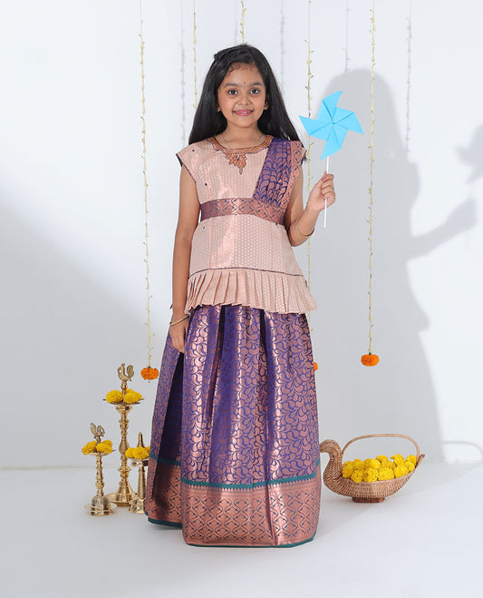 Blue jacquard readymade art silk pavadai with contrast ogee patterned zari border & embroidery sleeveless blouse