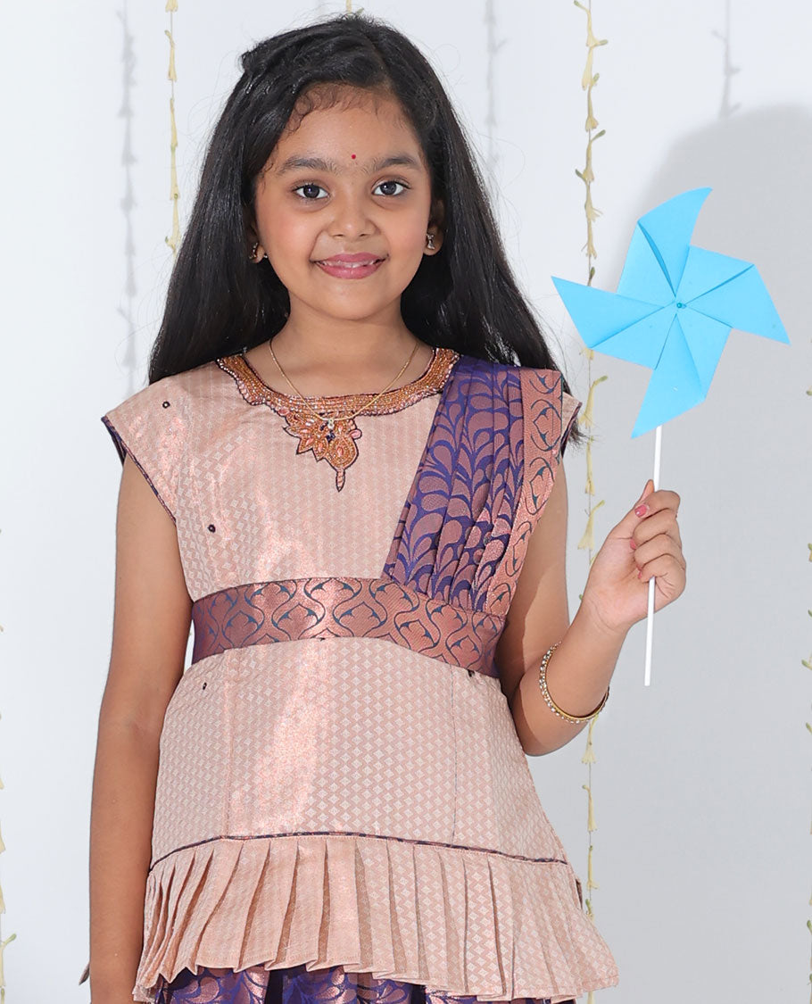 Blue jacquard readymade art silk pavadai with contrast ogee patterned zari border & embroidery sleeveless blouse