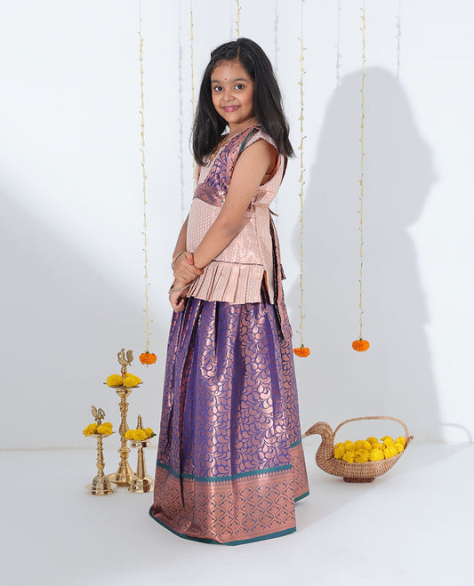 Blue jacquard readymade art silk pavadai with contrast ogee patterned zari border & embroidery sleeveless blouse