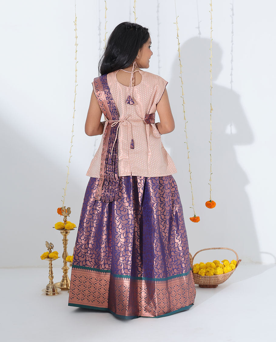 Blue jacquard readymade art silk pavadai with contrast ogee patterned zari border & embroidery sleeveless blouse
