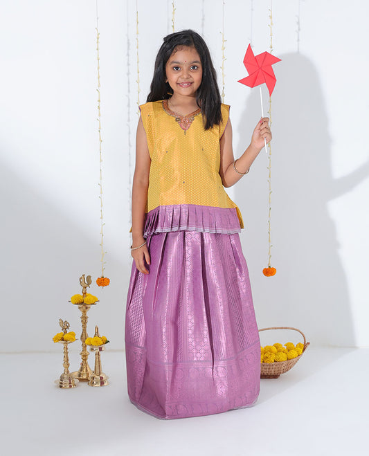 Grey rose copper zari design readymade art silk pavadai,traditional zari border & contrast embroidery sleeveless blouse