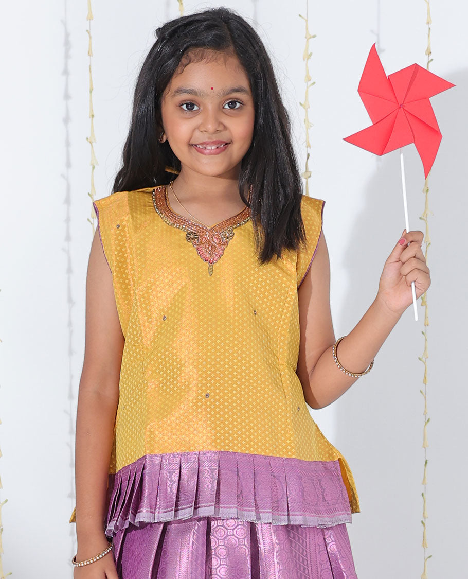 Grey rose copper zari design readymade art silk pavadai,traditional zari border & contrast embroidery sleeveless blouse