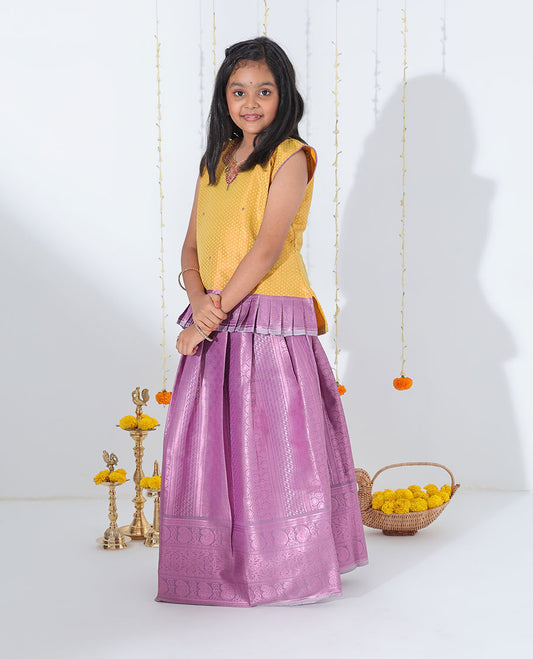 Grey rose copper zari design readymade art silk pavadai,traditional zari border & contrast embroidery sleeveless blouse