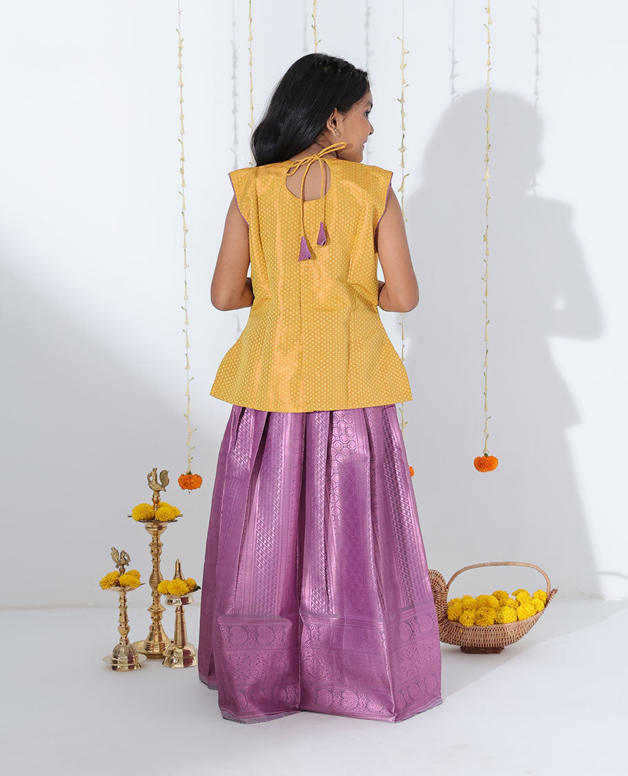 Grey rose copper zari design readymade art silk pavadai,traditional zari border & contrast embroidery sleeveless blouse