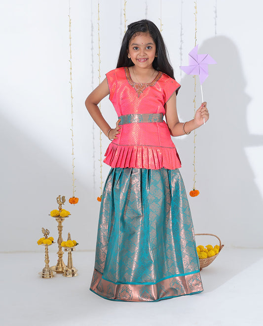 Blue jacquard readymade art silk pavadai with contrast traditional zari design border & embroidery sleeveless blouse