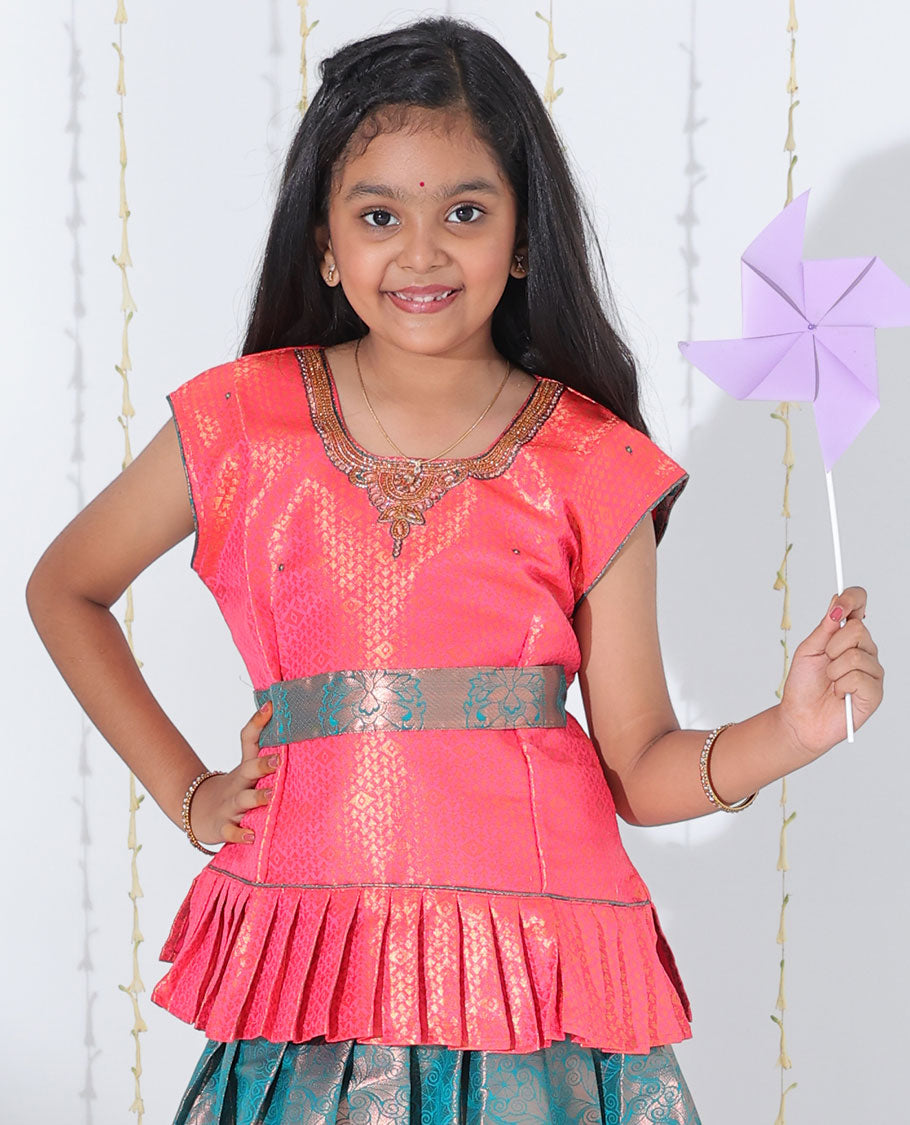 Blue jacquard readymade art silk pavadai with contrast traditional zari design border & embroidery sleeveless blouse