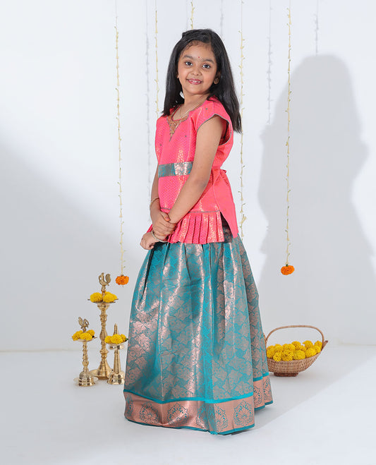 Blue jacquard readymade art silk pavadai with contrast traditional zari design border & embroidery sleeveless blouse