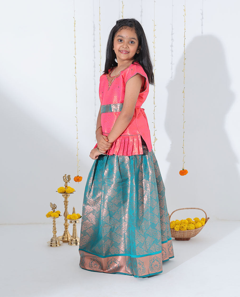 Blue jacquard readymade art silk pavadai with contrast traditional zari design border & embroidery sleeveless blouse
