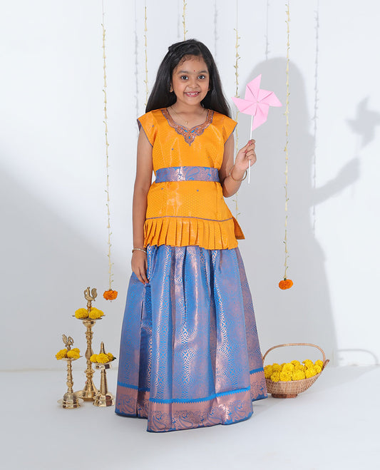 Blue jacquard readymade art silk pavadai with traditional zari design border & contrast embroidery sleeveless blouse