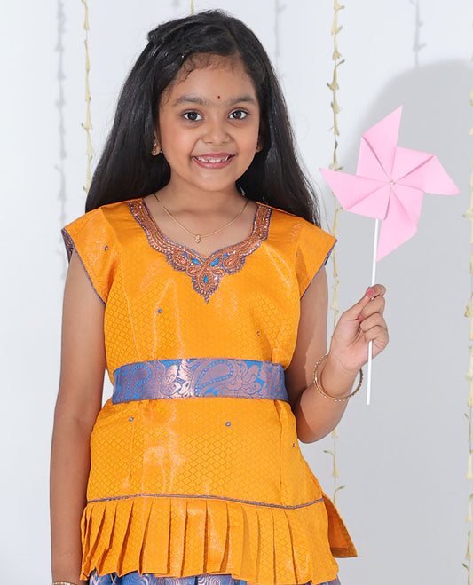 Blue jacquard readymade art silk pavadai with traditional zari design border & contrast embroidery sleeveless blouse