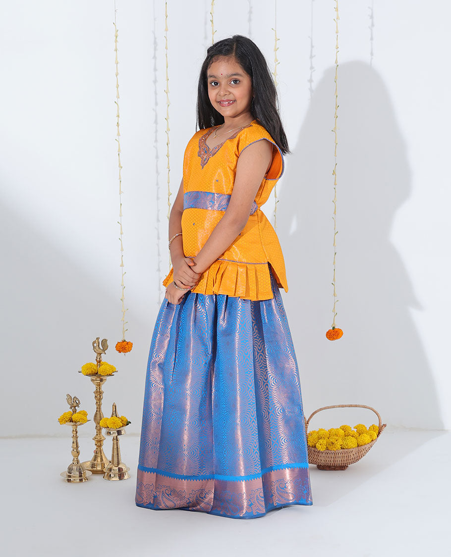 Blue jacquard readymade art silk pavadai with traditional zari design border & contrast embroidery sleeveless blouse