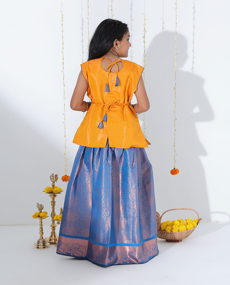 Blue jacquard readymade art silk pavadai with traditional zari design border & contrast embroidery sleeveless blouse