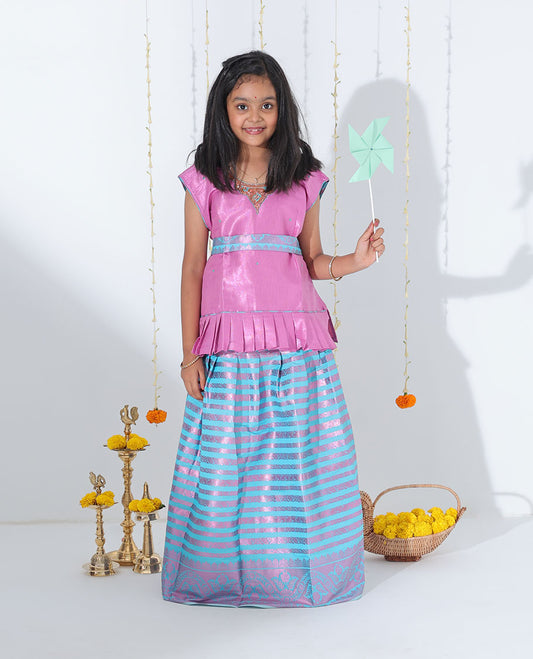 Blue zari design readymade art silk pavadai with zari design border & contrast embroidery sleeveless blouse