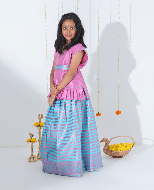 Blue zari design readymade art silk pavadai with zari design border & contrast embroidery sleeveless blouse