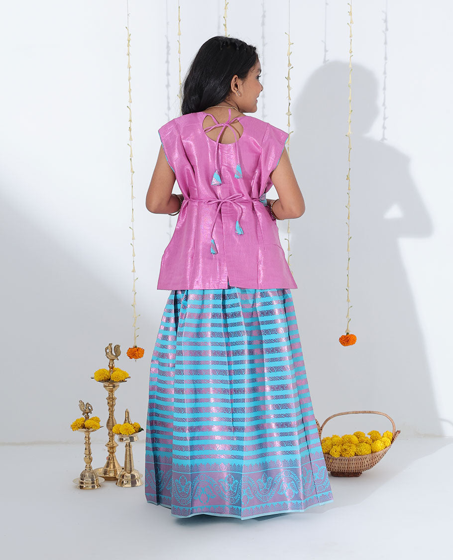 Blue zari design readymade art silk pavadai with zari design border & contrast embroidery sleeveless blouse