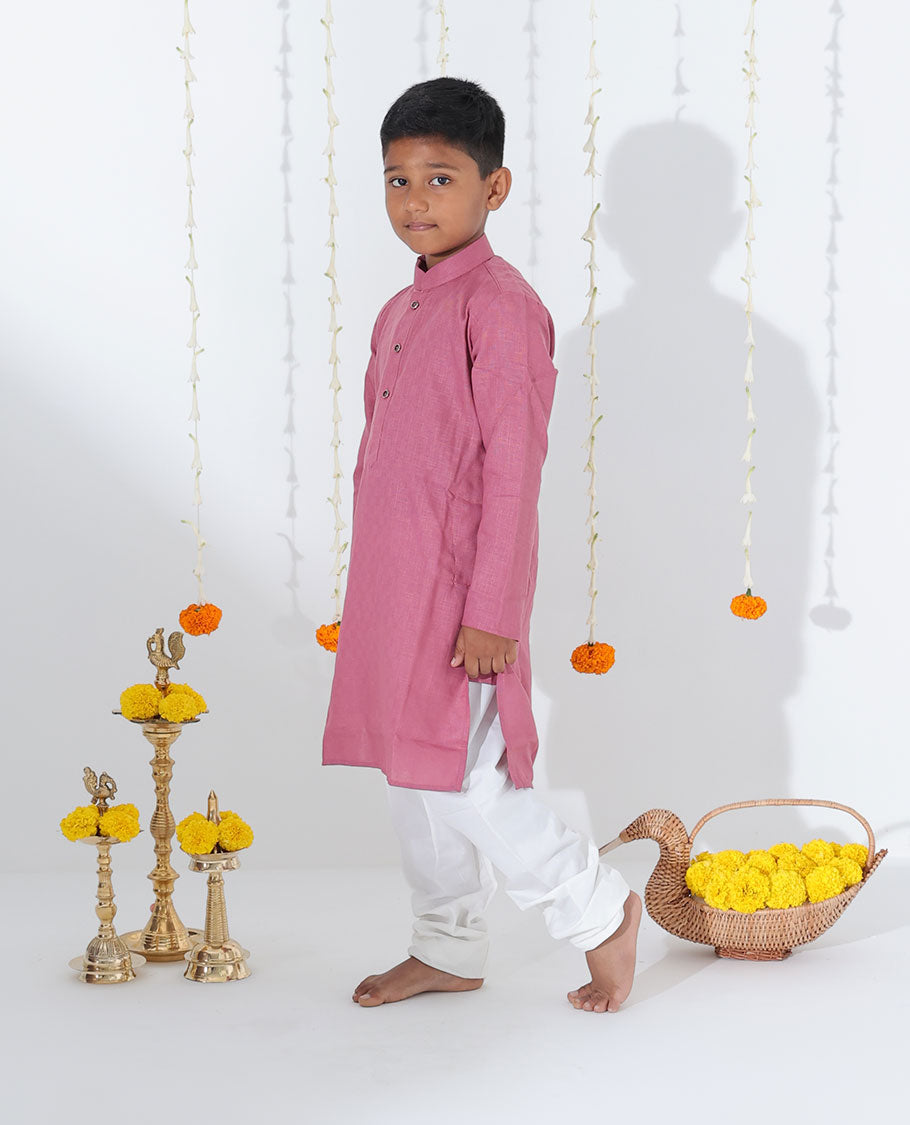 Rosewood pink cotton kurta set with sparely checked full-sleeve kurta & contrast pants