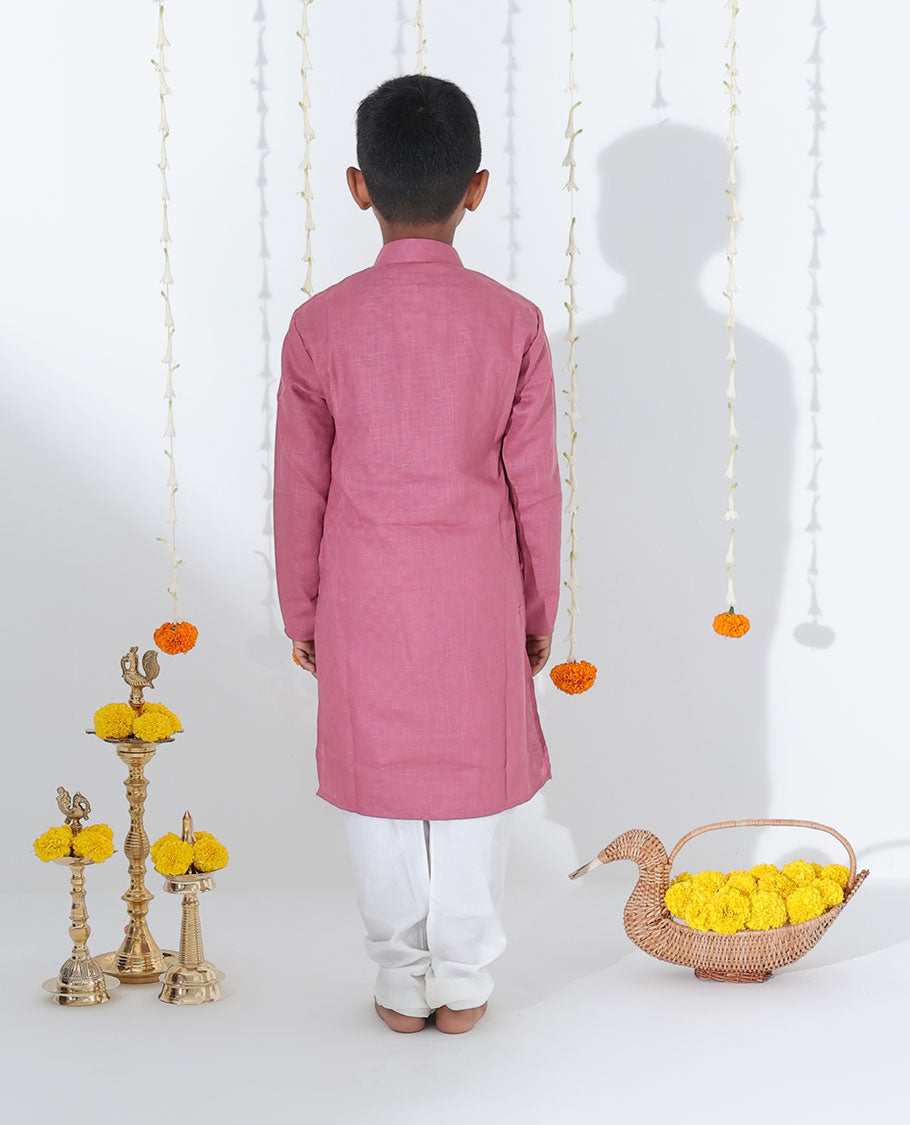 Rosewood pink cotton kurta set with sparely checked full-sleeve kurta & contrast pants