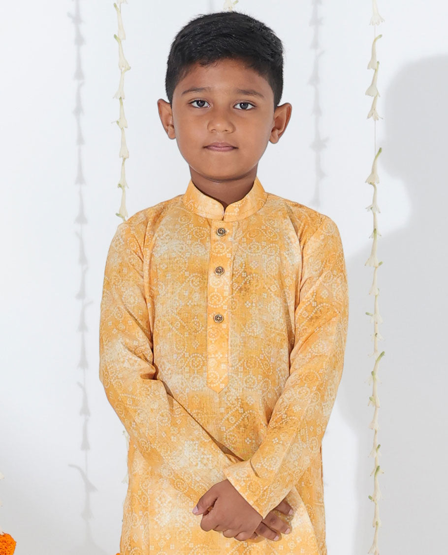 Mustard abstract & bandhani dots printed full-sleeve raw-silk kurta with contrast pants