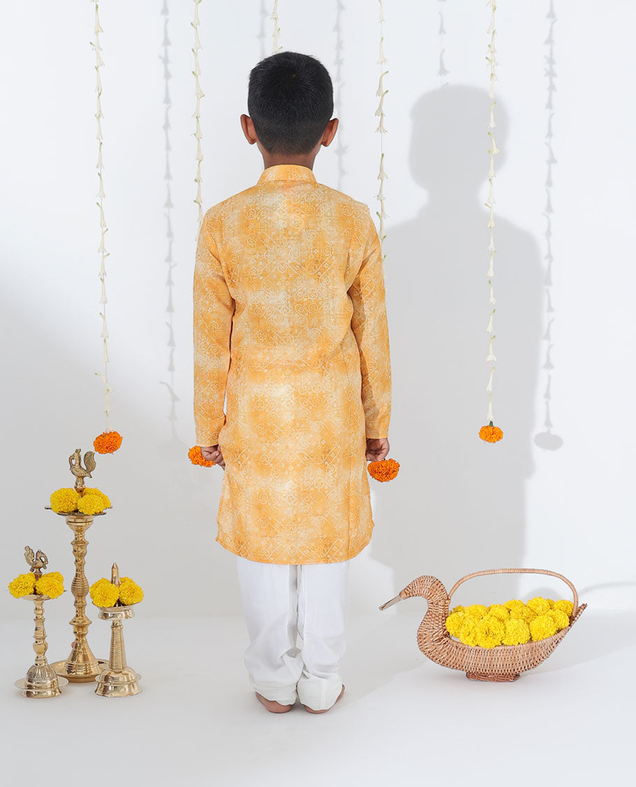 Mustard abstract & bandhani dots printed full-sleeve raw-silk kurta with contrast pants
