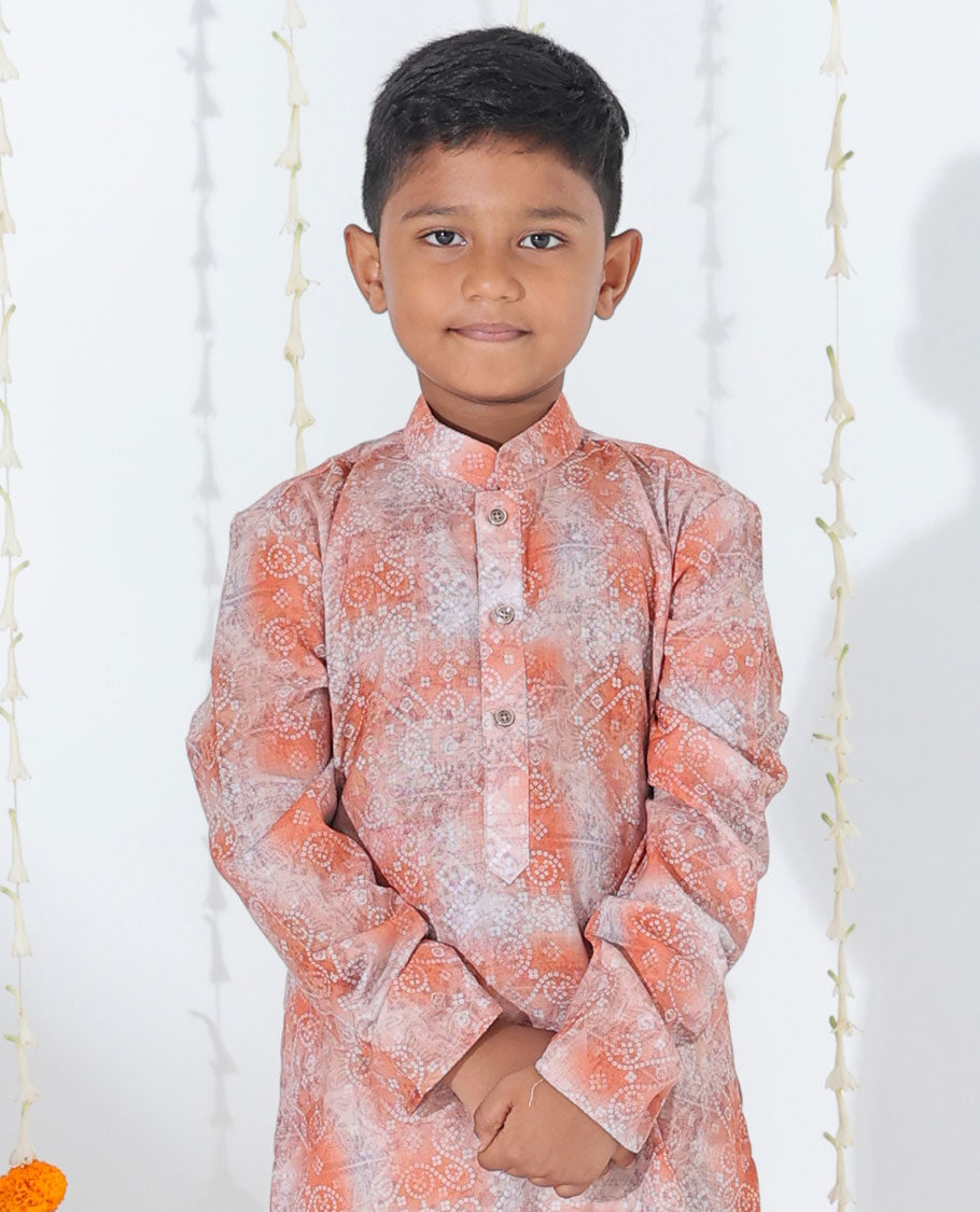 Terracotta red abstract & bandhani dots printed full-sleeve cotton kurta with contrast pants