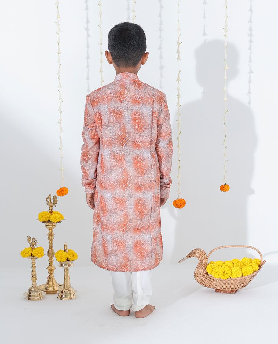 Terracotta red abstract & bandhani dots printed full-sleeve cotton kurta with contrast pants