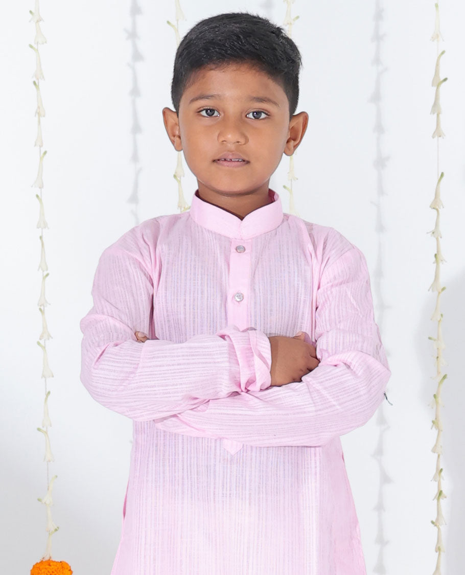 Pink sparsely striped full-sleeve raw-silk kurta with contrast pants