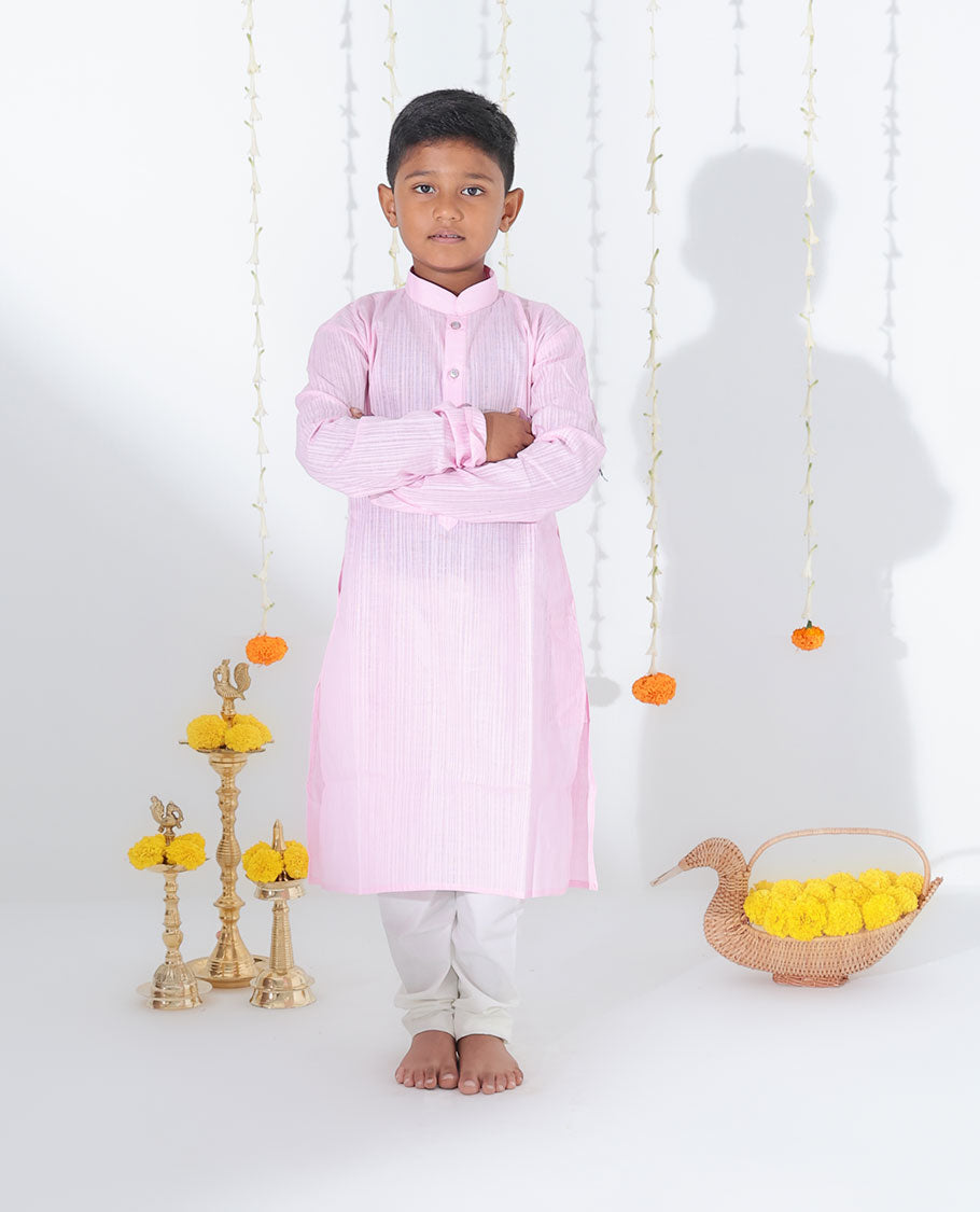 Pink sparsely striped full-sleeve raw-silk kurta with contrast pants