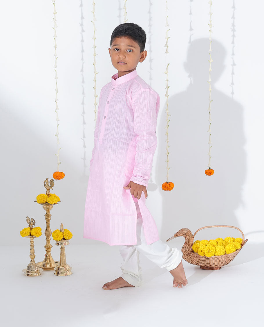 Pink sparsely striped full-sleeve raw-silk kurta with contrast pants