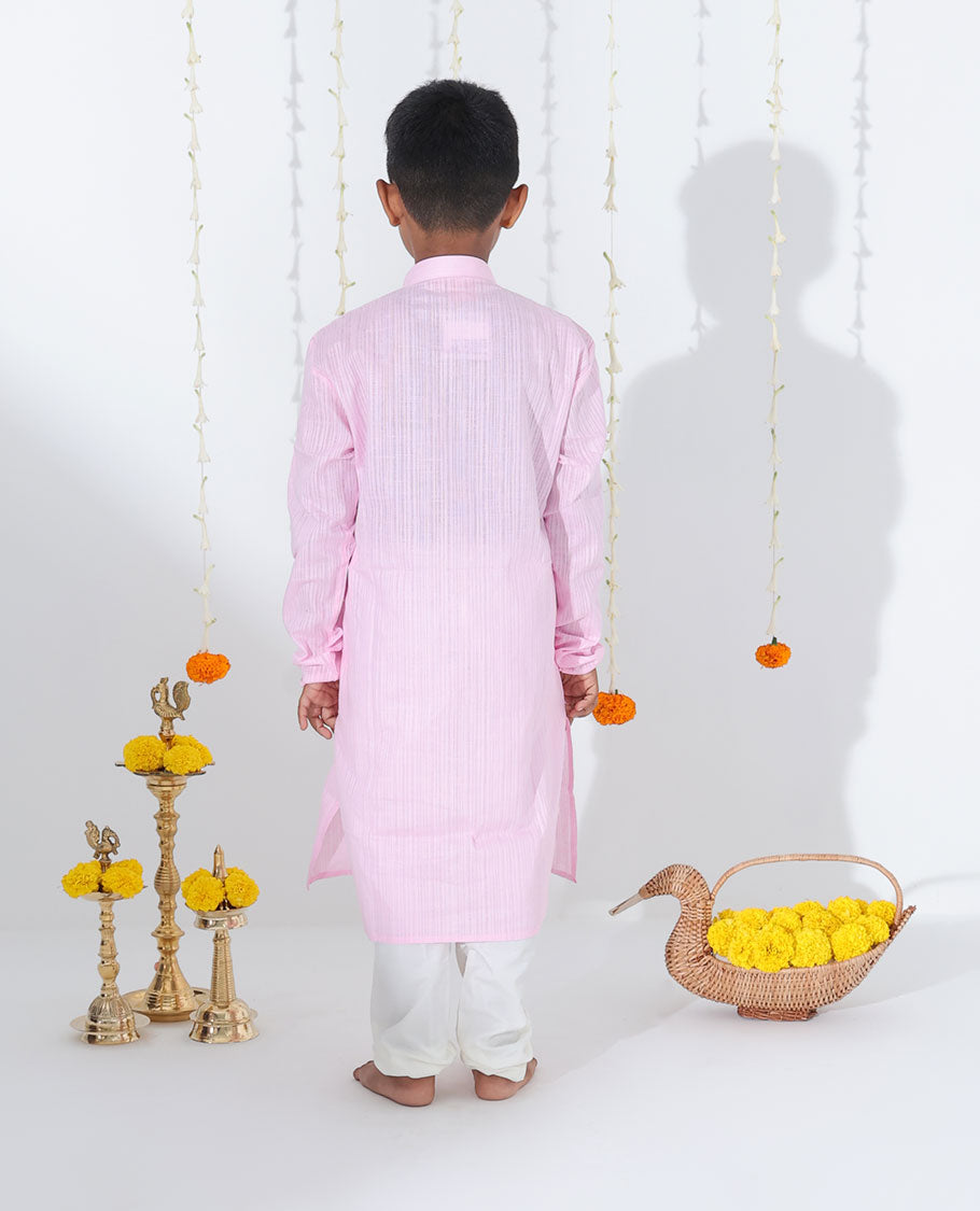 Pink sparsely striped full-sleeve raw-silk kurta with contrast pants