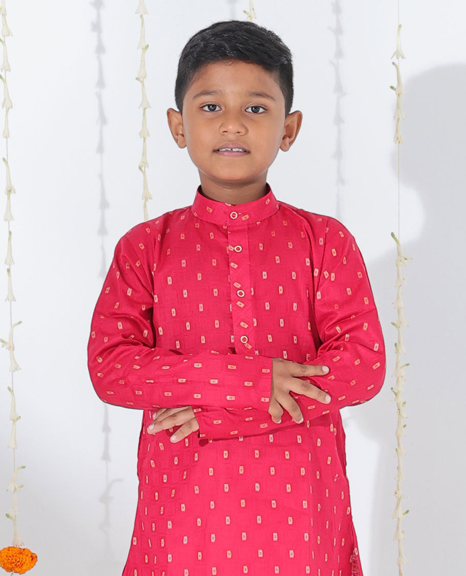 Red unique motifs printed full-sleeve cotton kurta with contrast pants