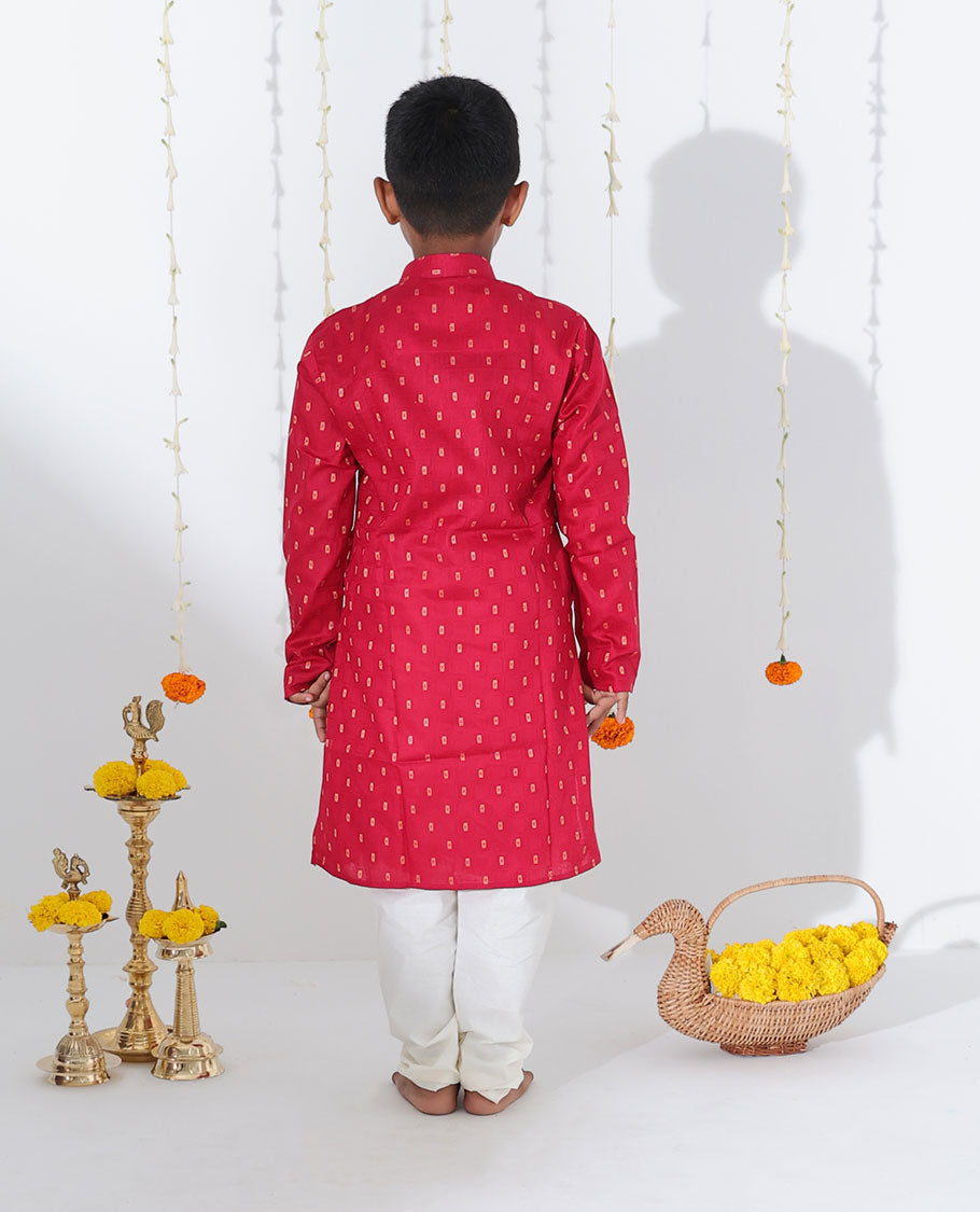 Red unique motifs printed full-sleeve cotton kurta with contrast pants