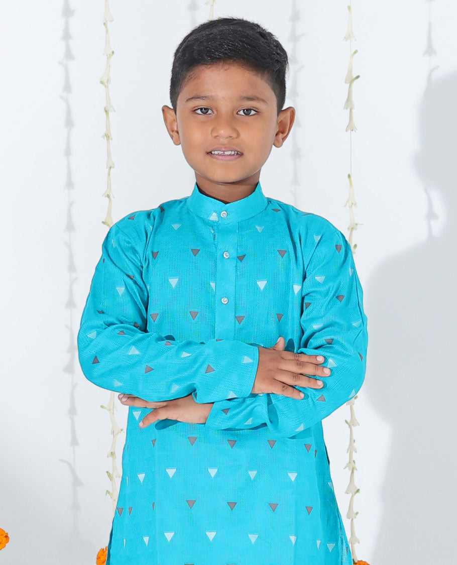 Blue triangle motifs full-sleeve raw-silk kurta with contrast pants