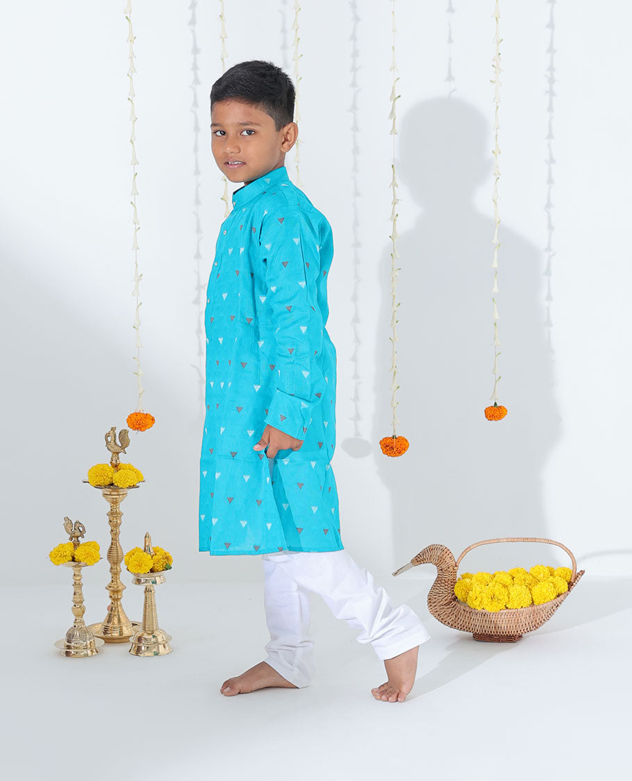 Blue triangle motifs full-sleeve raw-silk kurta with contrast pants