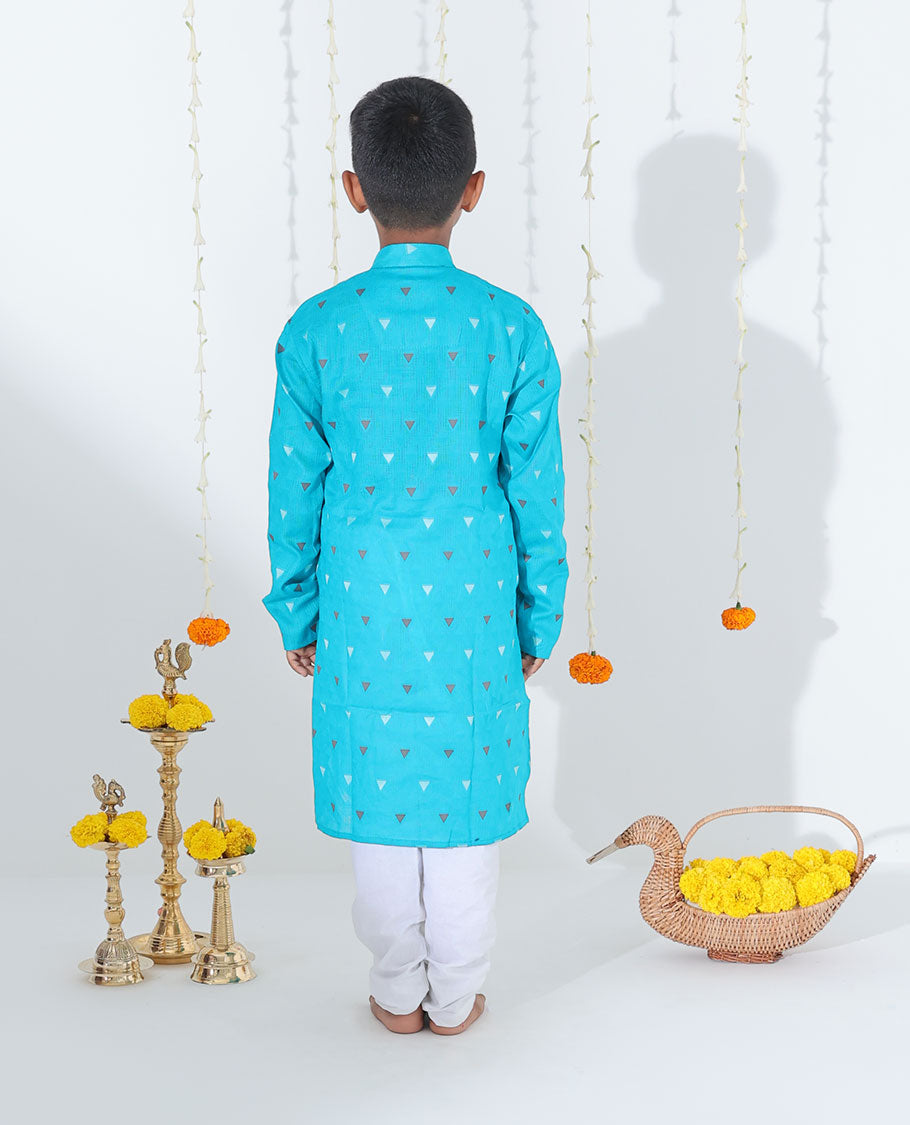 Blue triangle motifs full-sleeve raw-silk kurta with contrast pants
