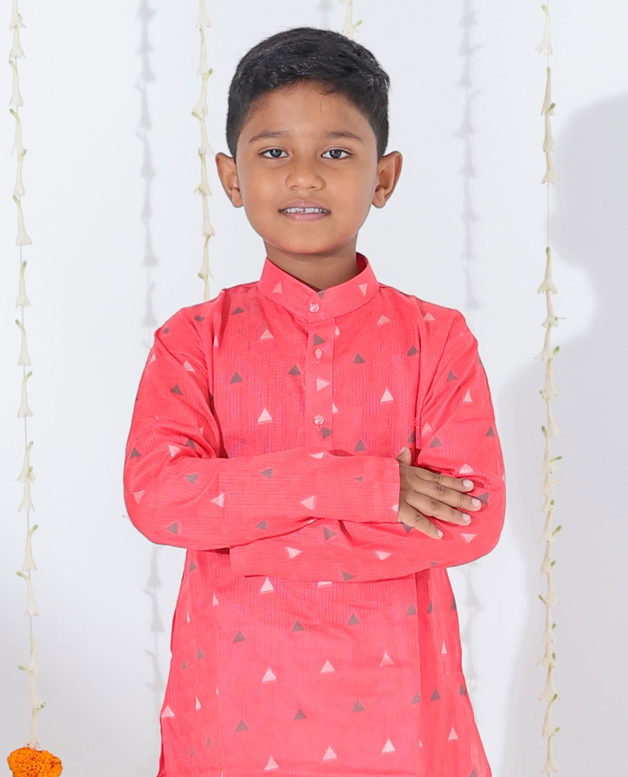 Pink triangle motifs full-sleeve raw-silk kurta with contrast pants