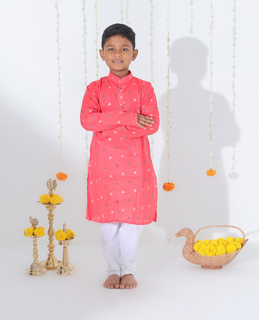 Pink triangle motifs full-sleeve raw-silk kurta with contrast pants